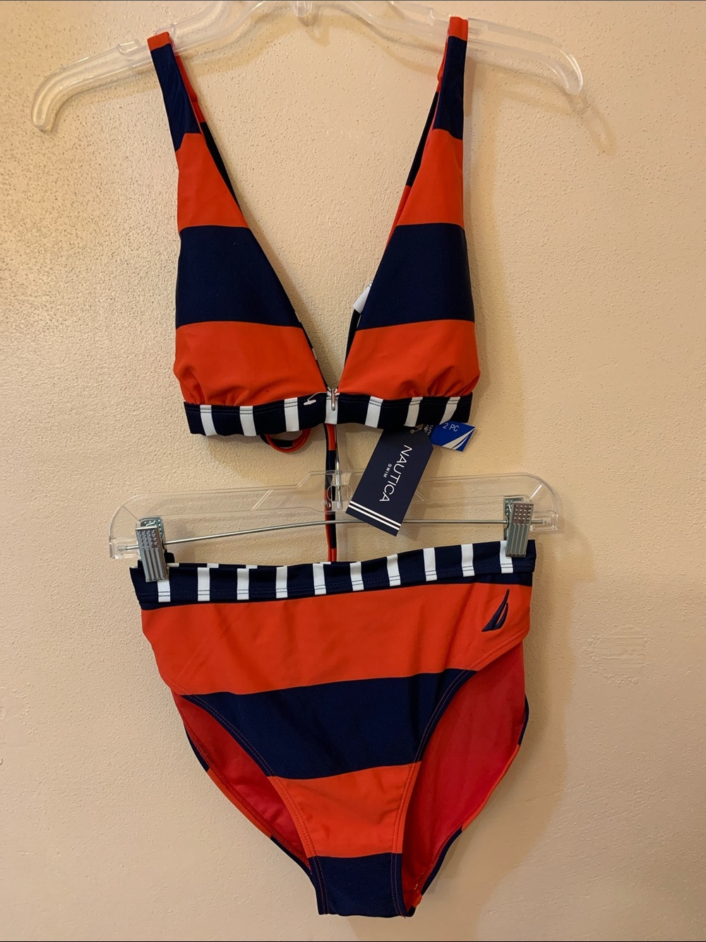 Nautica Red and Navy Striped Bikini Top